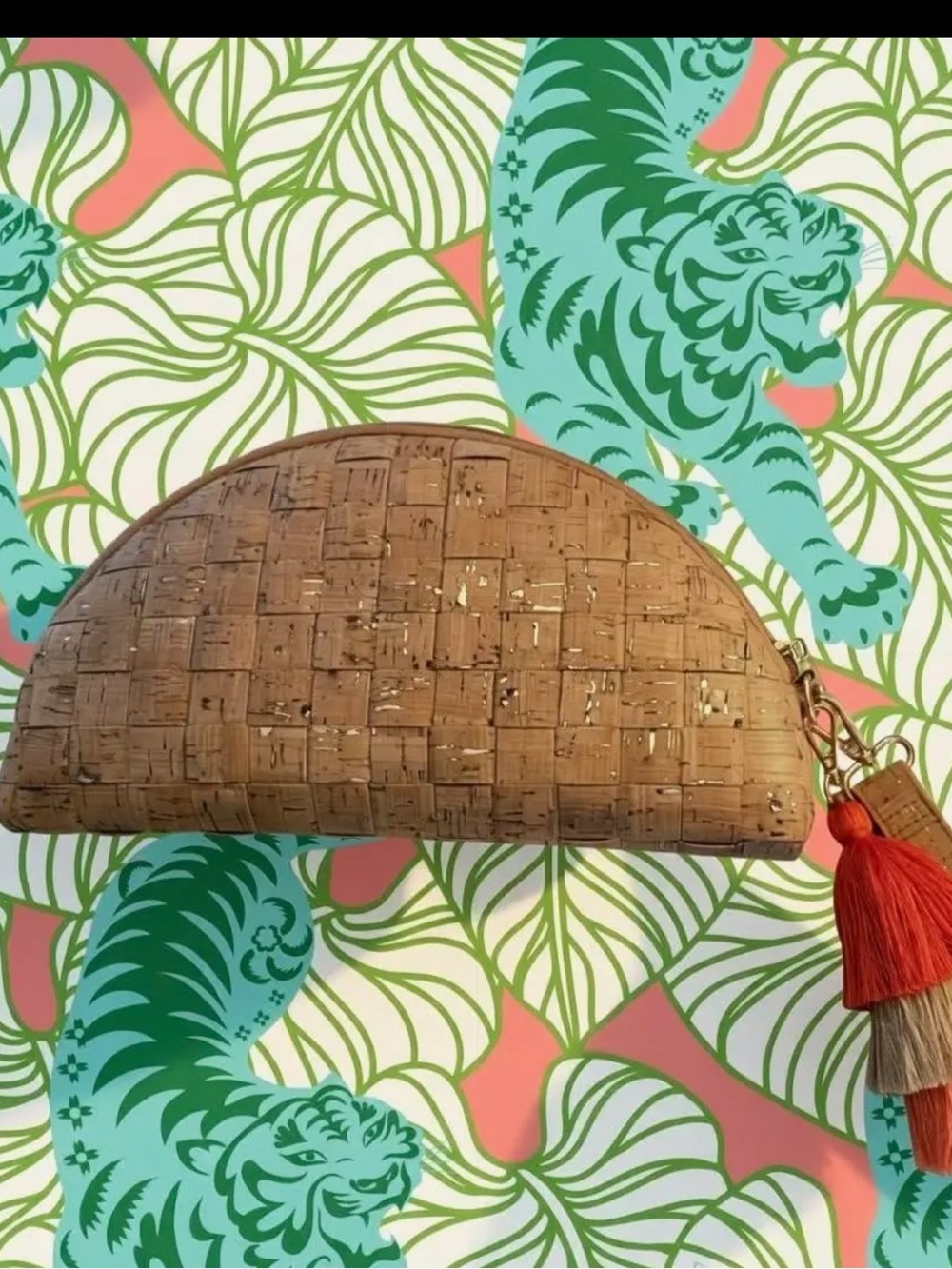 Cork Half-Moon Clutch with Tassel wristlet
